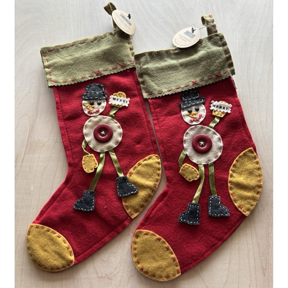 Vtg Lang Felt Christmas Stockings LOT of 2 NWT Beads Buttons Ribbon Snowman 14"